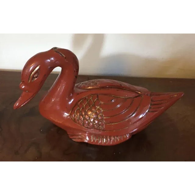 Early 20th Century Antique Chinese Red Orange Lacquer Carved Wood Duck Goose Box For Sale - Image 5 of 11
