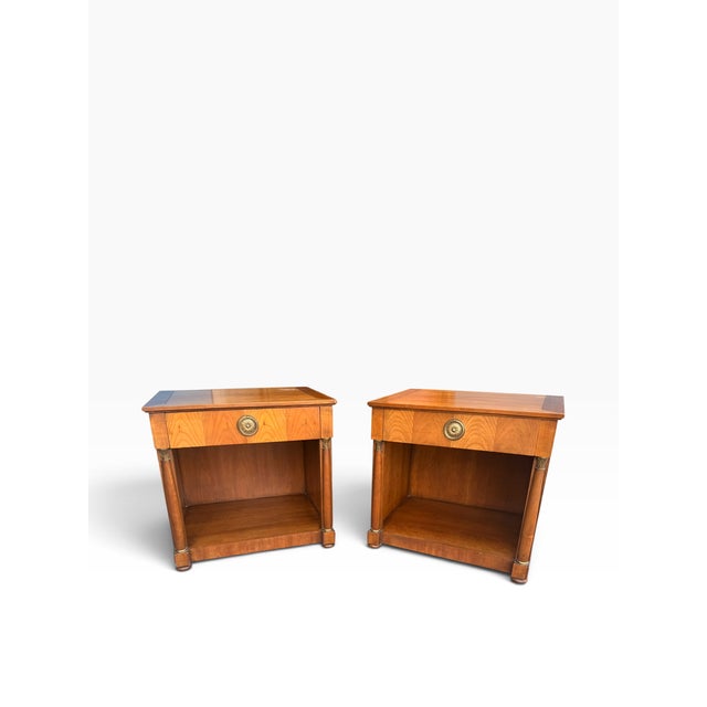Wood 1960s Baker Furniture French Empire Neoclassical Cherry & Brass Nightstands — Pair For Sale - Image 7 of 14