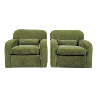 Mid 20th Century Pair of Moss Green Suede Lounge Chairs | Deep Seat Modern Club Chairs For Sale