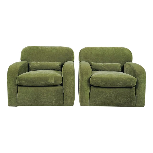 Mid 20th Century Pair of Moss Green Suede Lounge Chairs | Deep Seat Modern Club Chairs For Sale
