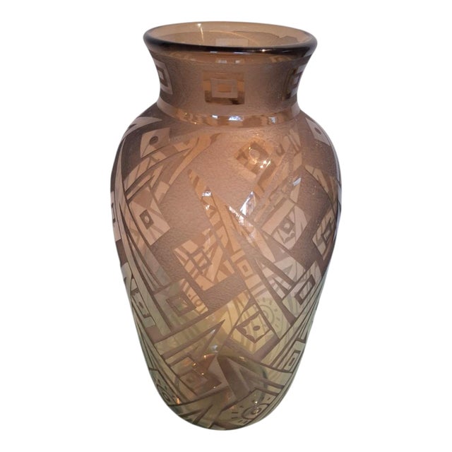 Art Deco Vase in Acid Etched Smoked Geometric Glass from Daum Nancy, France For Sale