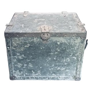 Old American Metal Trunk With Leather Handles and Wood Interior For Sale