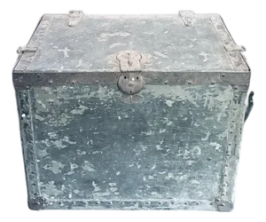 Old American Metal Trunk With Leather Handles and Wood Interior