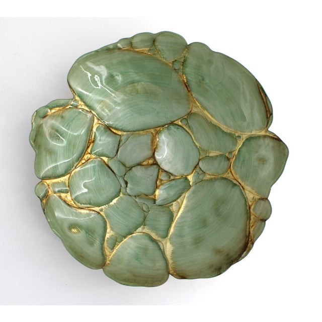 Contemporary VTG Art Glass Bowl Centerpiece in Seafoam Celadon Green & Gold Beach Rocks 18”d For Sale - Image 3 of 4