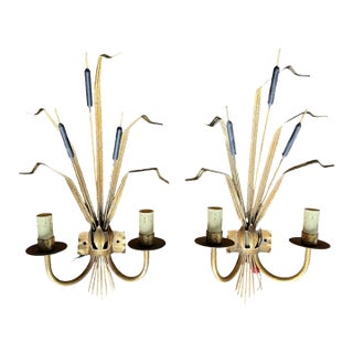 1950s Hollywood Regency Gilt Cattail Sconces, Pair For Sale
