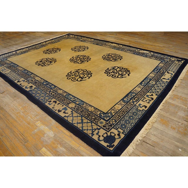 Chinese 1880s Tan Camel Dragon Medallion Antique Chinese Peking Qing Knotted Wool Rug For Sale - Image 3 of 9