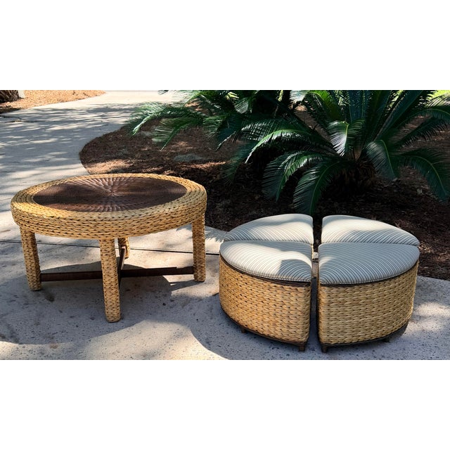 Round Woven Wicker Coffee/Game Table Set With Matching Nesting Stools Ottomans and Glass Top For Sale - Image 10 of 12