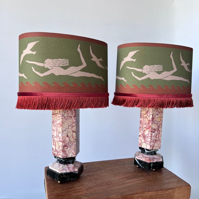 Mid-Century Modern Italian Marble Table Lamps with Bespoke Shades, 1950s, Set of 2 For Sale - Image 10 of 11