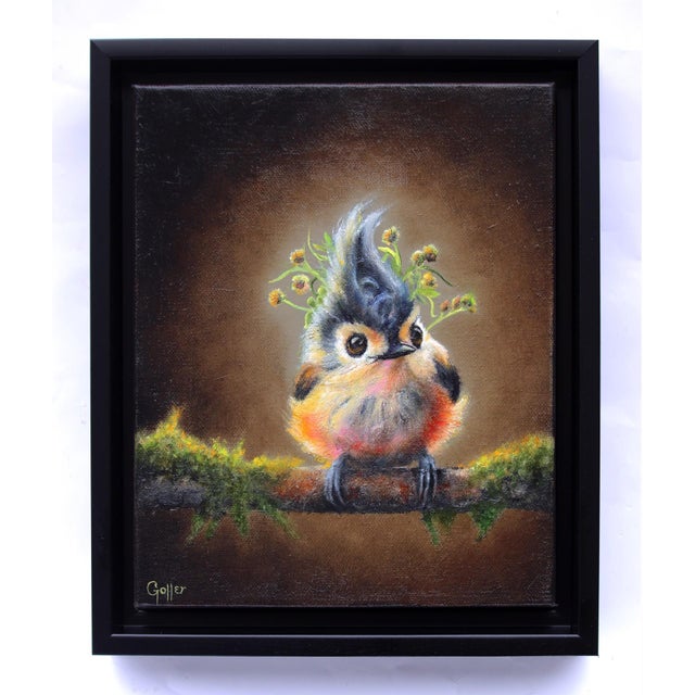 This artwork features a charming bird perched on a mossy branch, adorned with whimsical flora sprouting from its head. The...