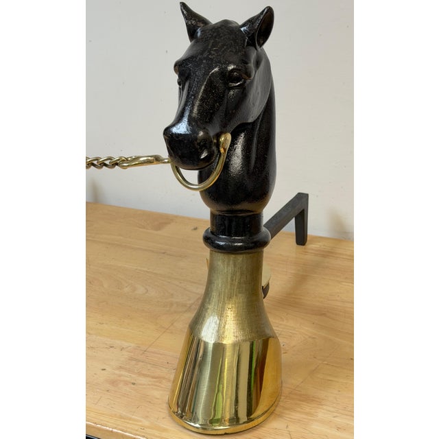 Metal 19th Century English Brass & Iron Horse Motif Andirons with Removable Chain For Sale - Image 7 of 18