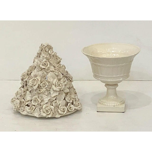 Mid 20th Century Italian Creamware Pedestal Bowl With Rose Topiary Top For Sale - Image 5 of 12
