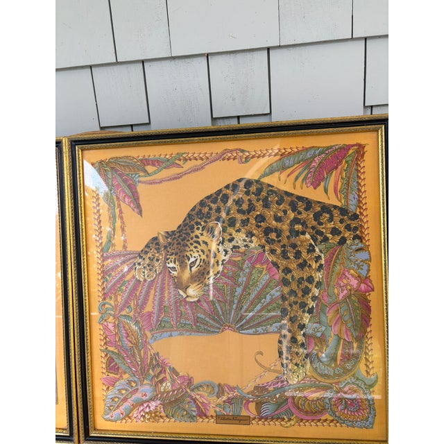 Salvatore Ferragamo Pair of Framed Salvatore Ferragamo Vintage Leopard Silk Scarves, Circa 1980s–1990s For Sale - Image 4 of 6
