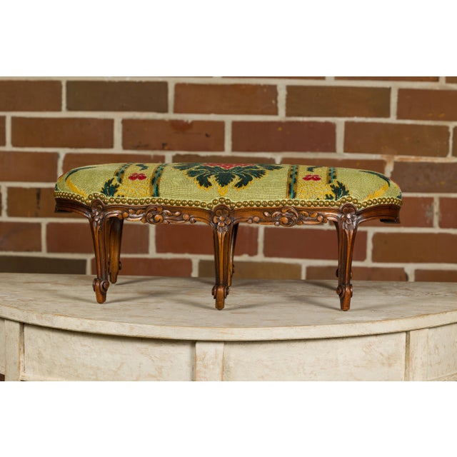 French Louis XV 19th Century Carved Walnut Footstool with Tapestry Upholstery For Sale - Image 4 of 11