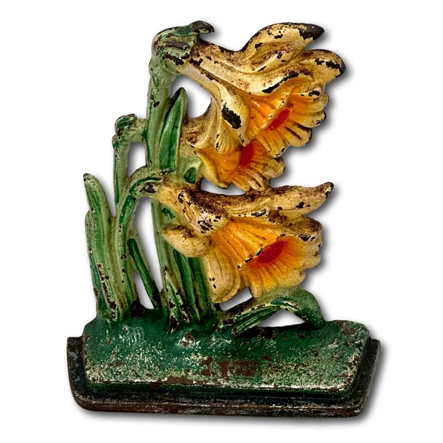 1930s Vintage 1930s Hubley Manufacturing Co. Model #453 Cast Iron "Jonquils" Flower Doorstop With Nice Colors For Sale - Image 5 of 12