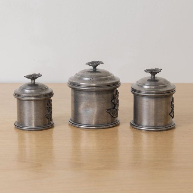 1930s French Pewter Floral Canisters, Set of 3 For Sale - Image 14 of 15