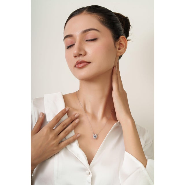 Sacred Heart Blue Sapphire & Diamond Sunburst Pendant Necklace in 14k White Gold For Sale - Image 13 of 17