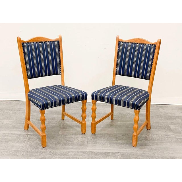 6 Blue Danish Modern Oak Dining Chairs Set Circa 1960's. For Sale - Image 4 of 12
