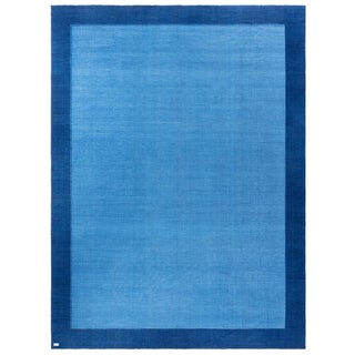 Serene Mid-Century Dhurrie Blue With Navy Blue Flatweave Cotton Rug For Sale