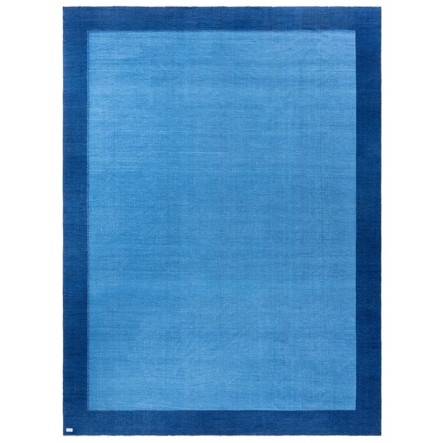 Serene Mid-Century Dhurrie Blue With Navy Blue Flatweave Cotton Rug For Sale