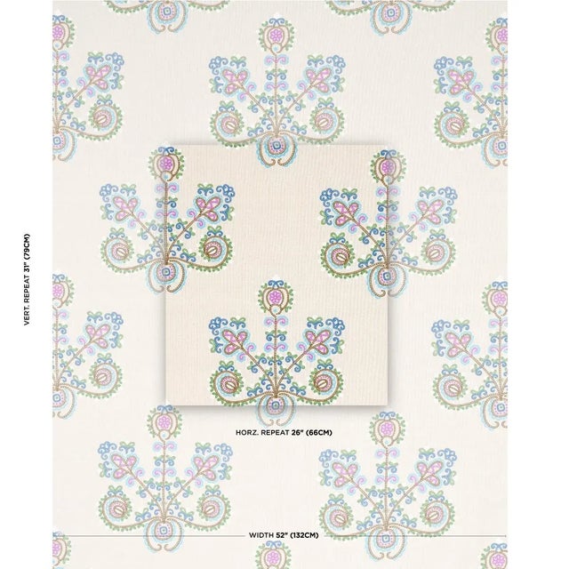 Estrella's stylized floral motifs are delicately embroidered on a cotton-linen ground. Its open, jewel-colored design...