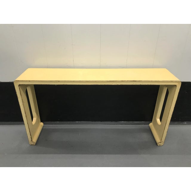 An unusual vintage Chinese solid wood three-panel continuous rounded-corner long display table, Qin table (Qin An, 琴案*) in...