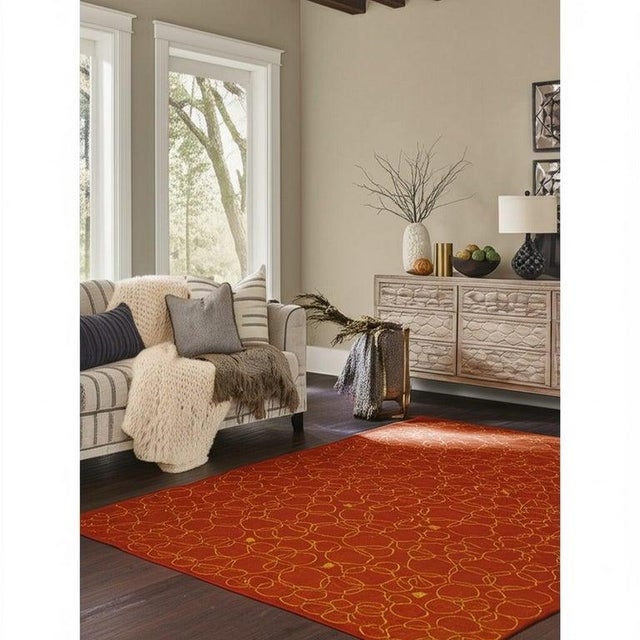Red 6x8 Red Flat Weave Wool Golden Orb Floating Vintage Mid Century Carpet Rug For Sale - Image 8 of 8