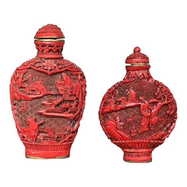 Antique Chinese Cinnabar Snuff Bottles Set of 2 For Sale