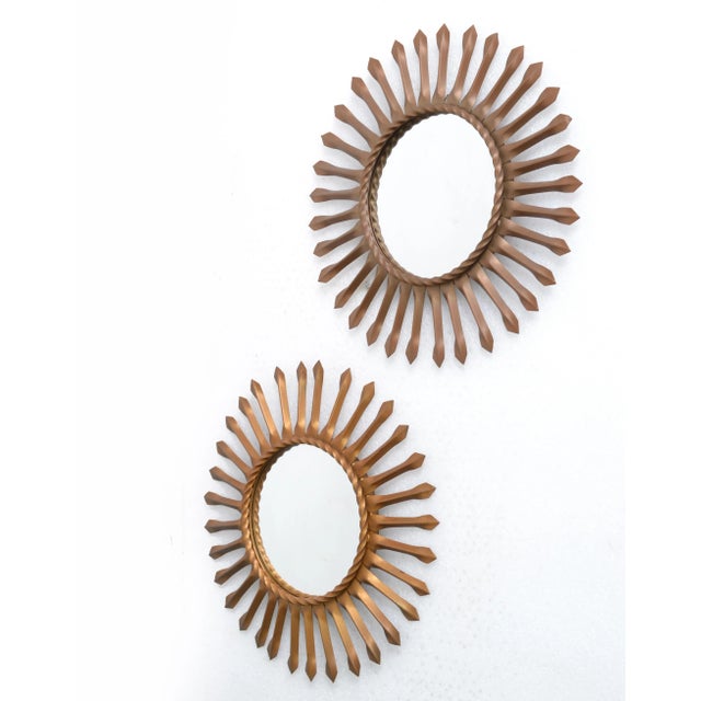 Mid-Century Modern Set, Two Sunburst Wall Mirror in Gold Brass Finish Signed Chaty Vallauris, 1960 - A Pair For Sale - Image 3 of 11