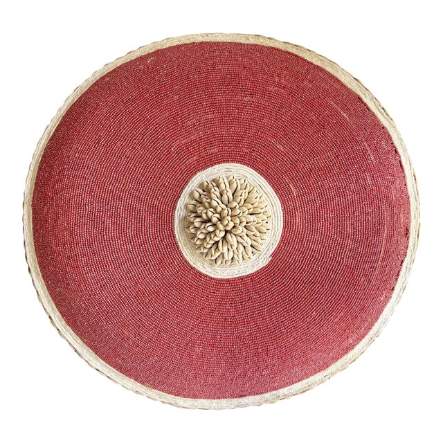 Vintage African Bamileke Tribe Beaded & Shell Round Shield 20.5" D For Sale