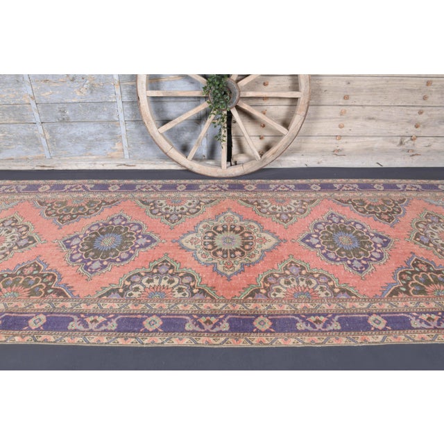 Traditional Vintage Turkish Oushak Handmade Wool Cotton Red Runner For Sale - Image 3 of 11