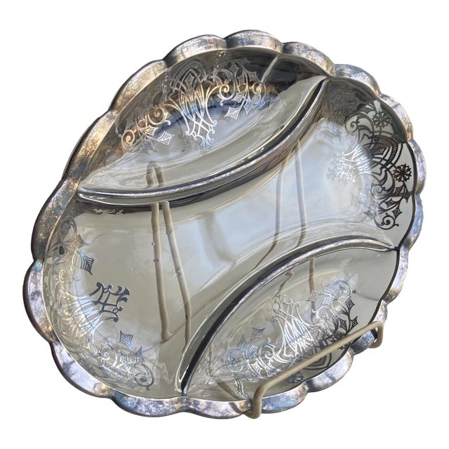 Vintage Art Deco Style Sterling Silver Overlay Glass Divided Dish For Sale