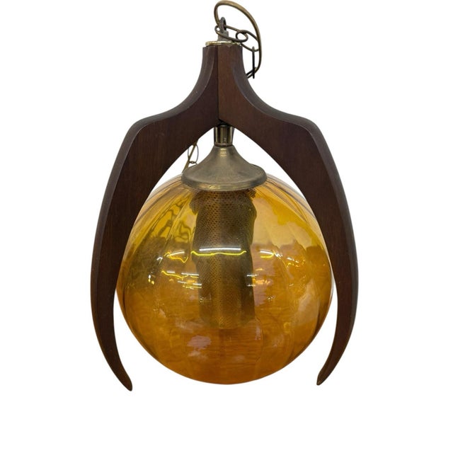 Mid-Century Modern Mid-Century Modern 1960’s Pearsall Style Walnut & Amber Glass Swag Light For Sale - Image 3 of 5