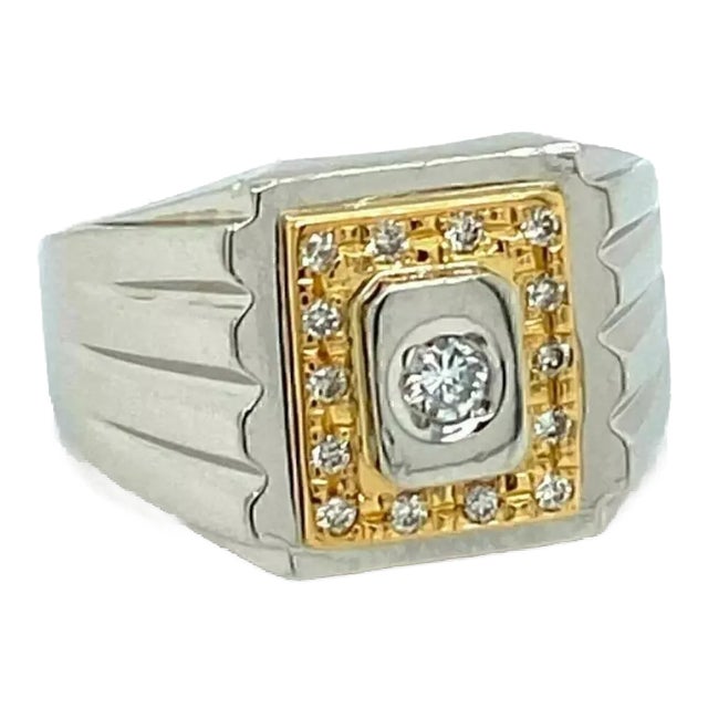 Platinum & 18k Gold Diamond Rectangular Top Ring - Size 8.5 For Sale