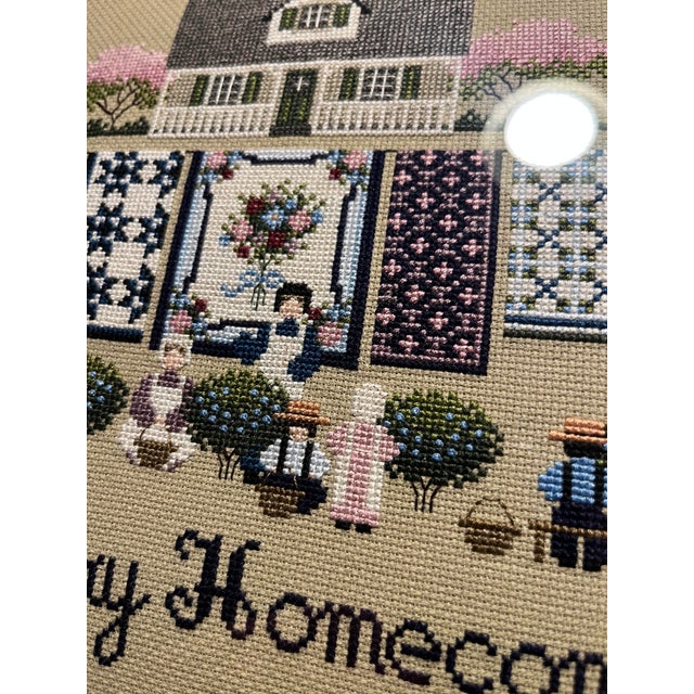 Folk Art Vintage Cross Stitch Amish Art "Blueberry Homecoming" Framed With Museum Glass For Sale - Image 3 of 9