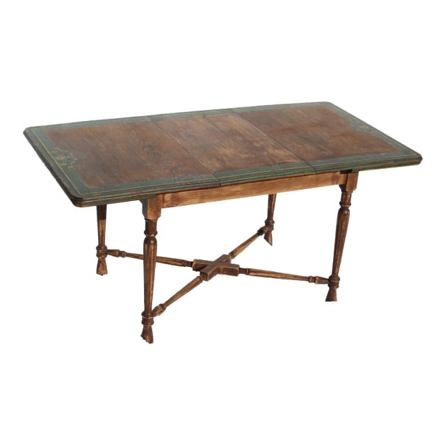 1920s Handpainted Adjustable Farmhouse Table With Folk Art Flowers - Self Storage Adjustable Leaf For Sale