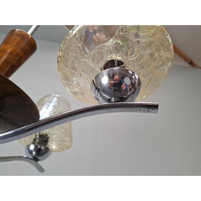 Mid-Century Modern Czech Glass, Wood and Chrome 4-Armed Chandelier from Napako, 1960s For Sale - Image 16 of 18