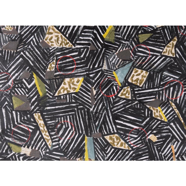 Bold patterned abstract by Bay Area artist Michael Pauker (American, b.1957). Several pieces of paper and stamps affixed...