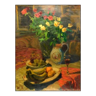 2004 "Roses and Glass of Wine" Igor Nevsky Still Life Original Oil Painting on Canvas For Sale