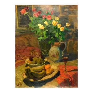 2004 "Roses and Glass of Wine" Igor Nevsky Still Life Original Oil Painting on Canvas