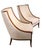 Voguish, chic and stylish pair of scoop back, gondola style occasional, or lounge, upholstered chairs, with exposed wood...