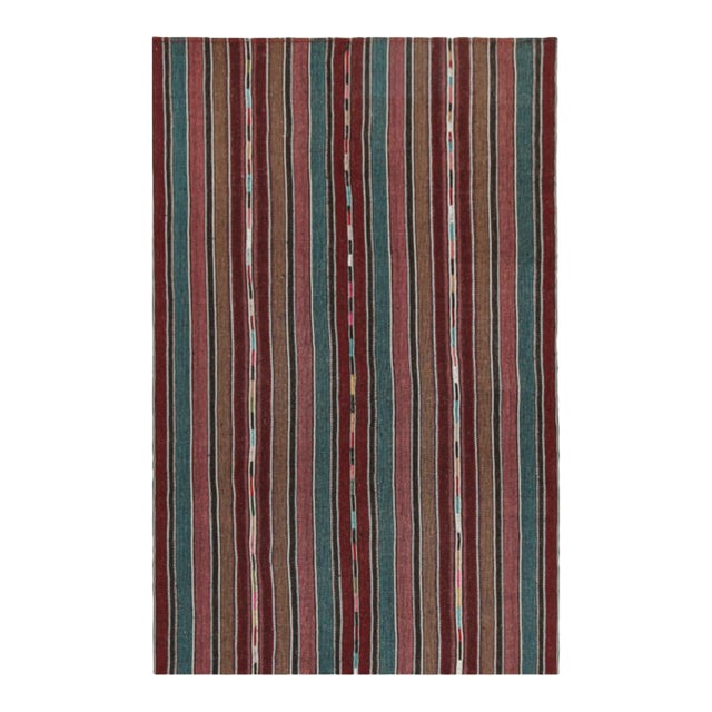 Vintage Shahsavan Persian Kilim in Blue, Brown & Maroon Stripes by Rug & Kilim - 5'10''x9' For Sale