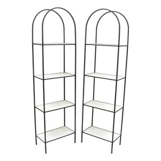 Vintage Mid Century Modern Narrow Arched Wrought Iron Etagere Bookcase - A Pair For Sale