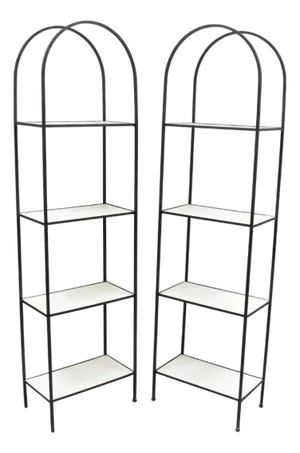 Vintage Mid Century Modern Narrow Arched Wrought Iron Etagere Bookcase - A Pair