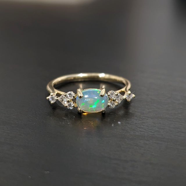 East West Opal Ring W Earth Mined Diamonds in Solid 14k Yellow Gold | Oval 8x6mm For Sale - Image 13 of 18