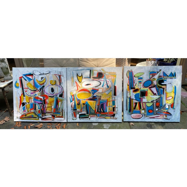 Beautiful appx 24”x24” abstract original oil on gallery stretched canvas abstract cubist painting. Listed artist John...