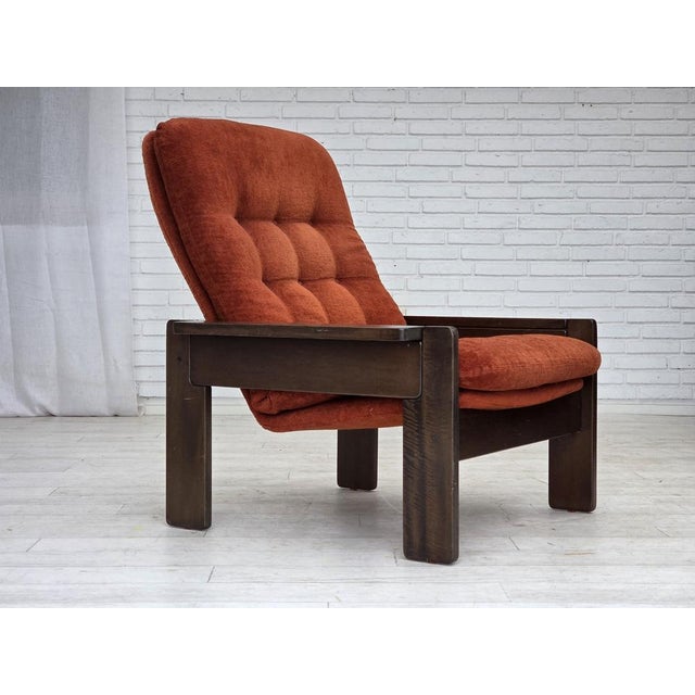Danish Armchair in Orange-Red Velour and Dark Oak Wood, 1970s For Sale - Image 17 of 17