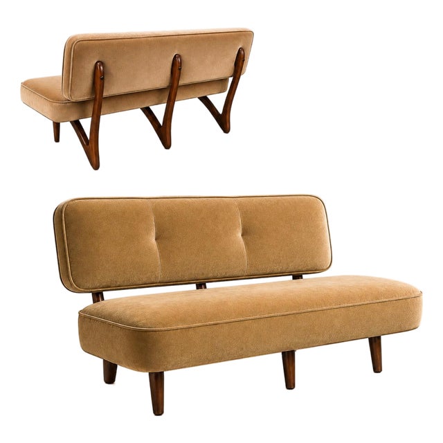 Brazilian Modern Sofa in Imbuia Wood and Champagne Camel Mohair, Cimo, Brazil, 1950s For Sale