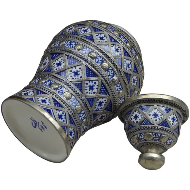 Metal Vintage Moorish Blue-Patterned Ceramic Vase For Sale - Image 7 of 8
