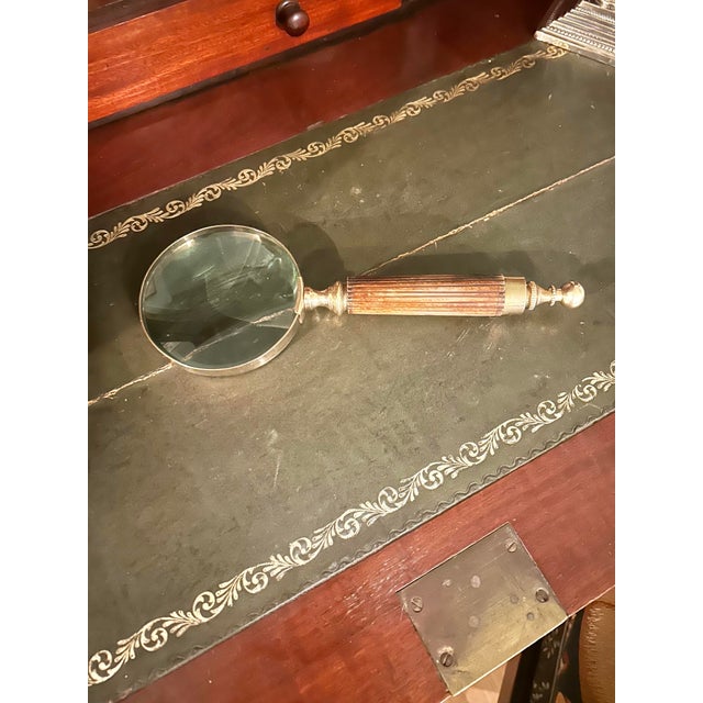 English Vintage Oversized Solid Brass & Turned Wood 11”Library Magnifying Glass Desk Accessory For Sale - Image 3 of 7