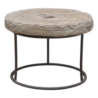 Vintage Elm Mill Wheel and Iron Side Table For Sale
